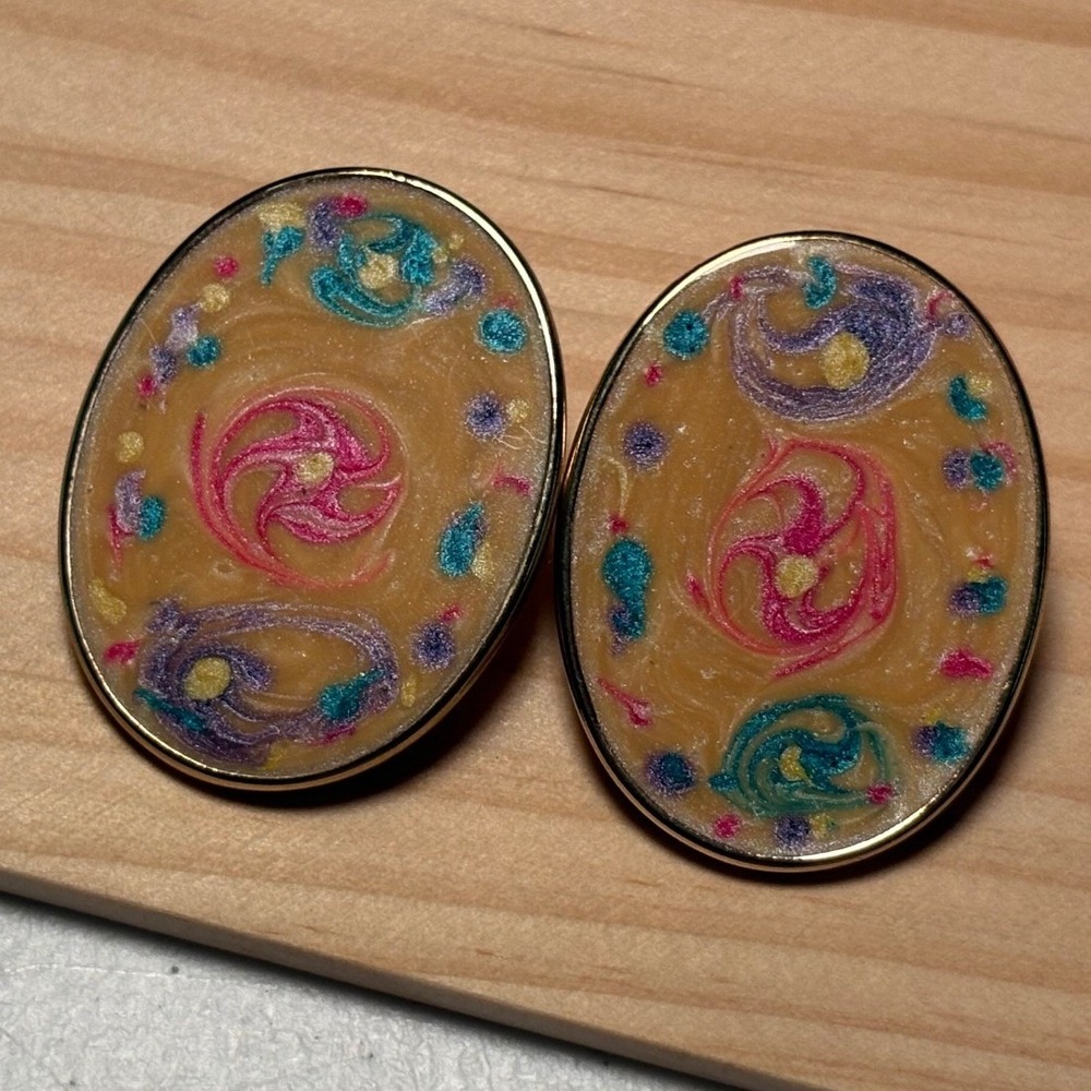 Art Deco Clip‎ On Earrings Women OS Yellow Good Vintage Swirl Oval Retro Enamel
